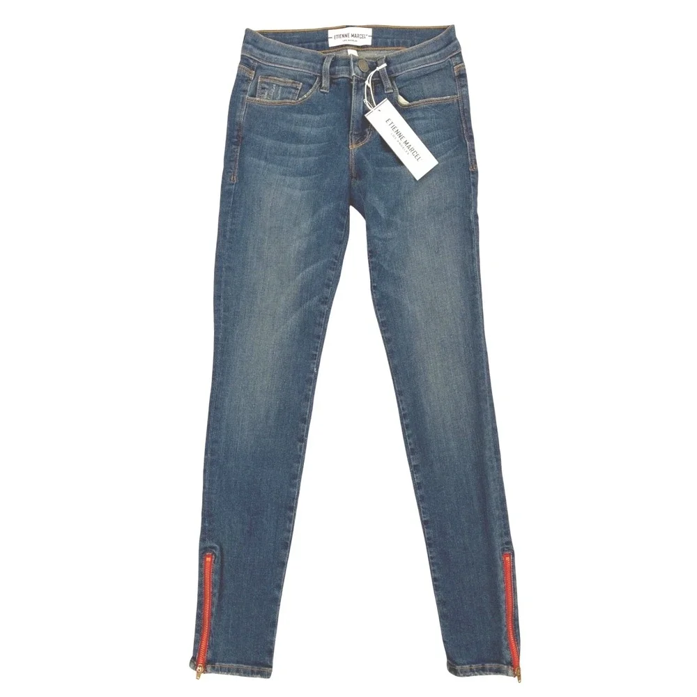 ETIENNE MARCEL Womens Blue Denim Skinny Jeans with‎ Red Zipper Ankle Size 24
